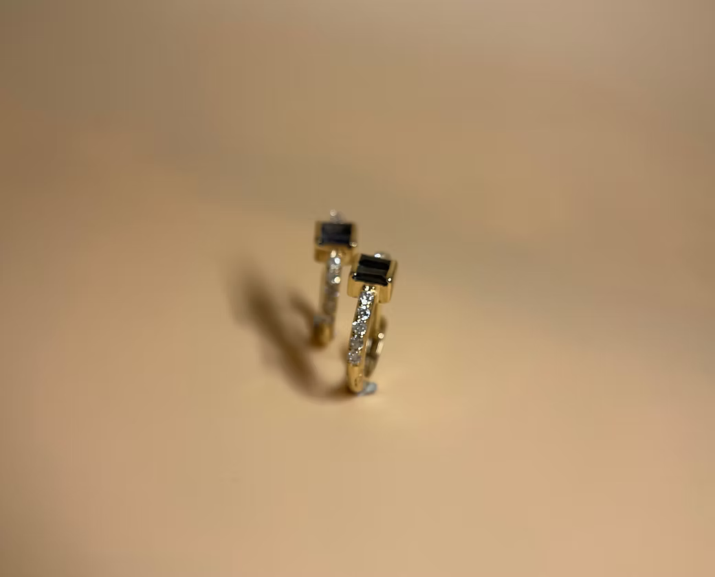 2 Sideways Sapphire Baguette With Accent Diamond Hoops