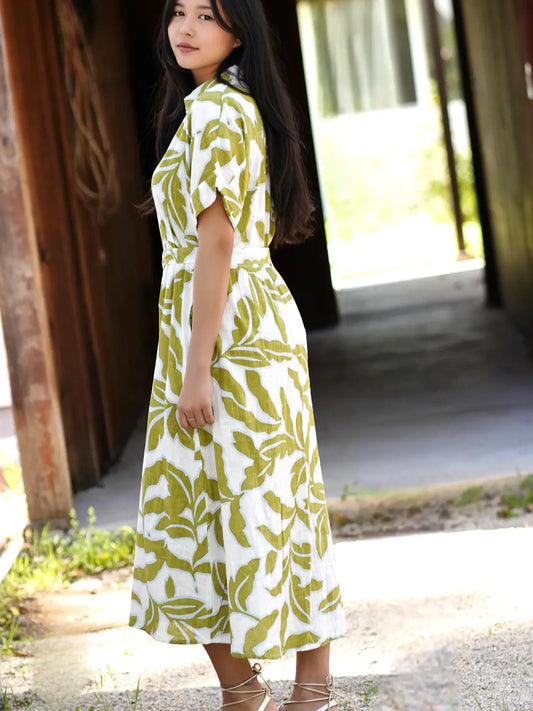 Dolma Green and White Button up Dress
