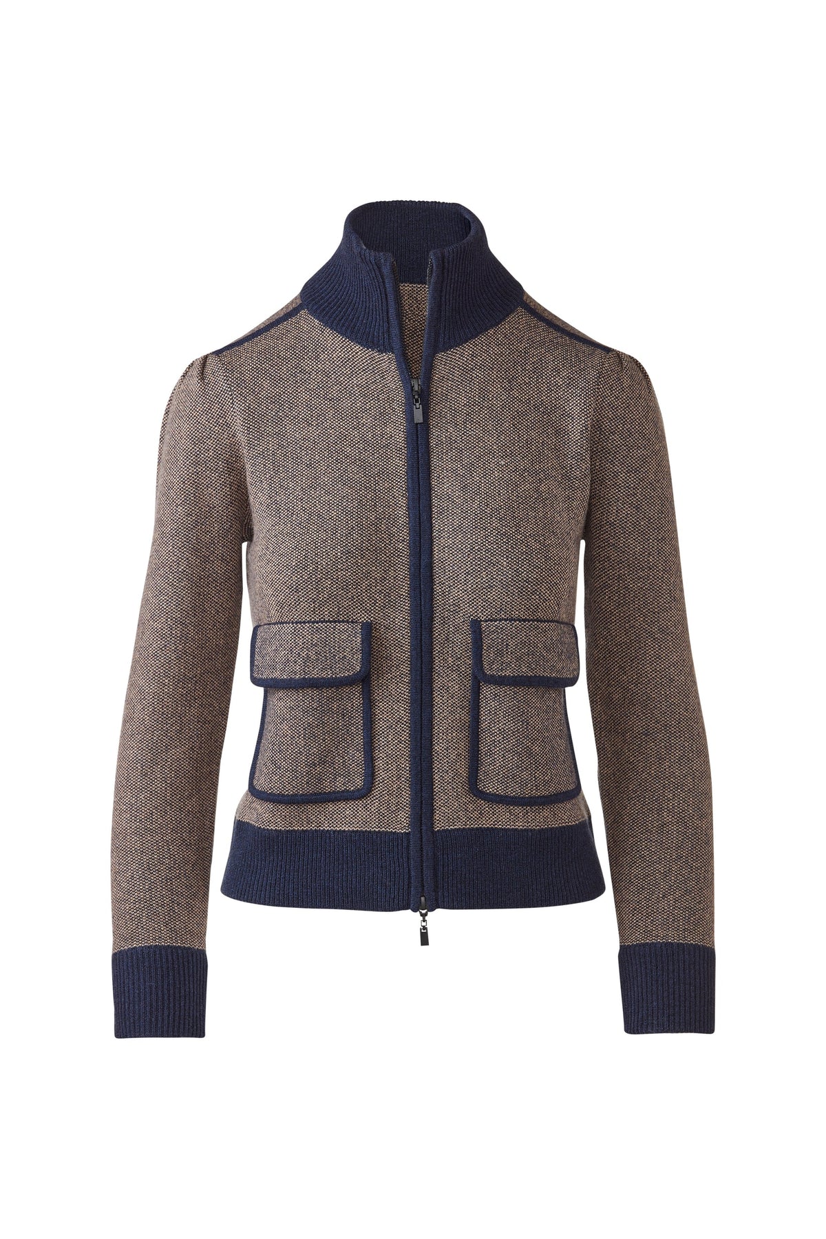 Kinross Cashmere | Navy and Tweed Zip Mock Neck Cardigan
