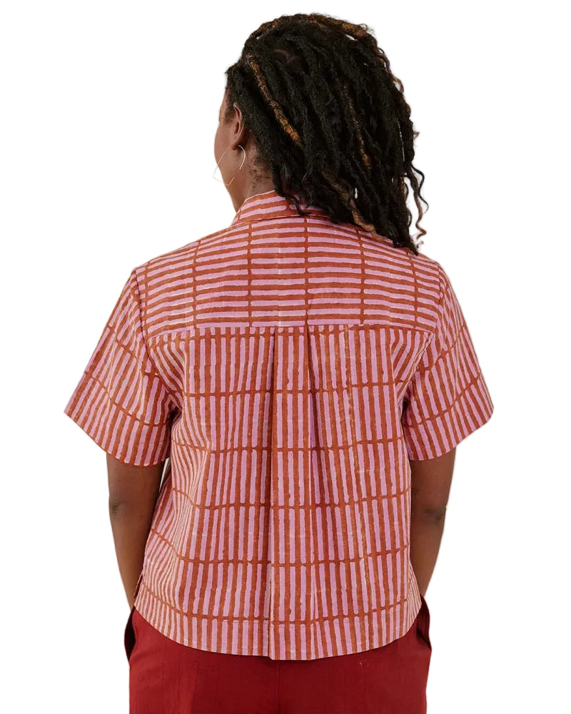 Mata Traders | Burgundy and Pink Short Sleeve Button Down Top