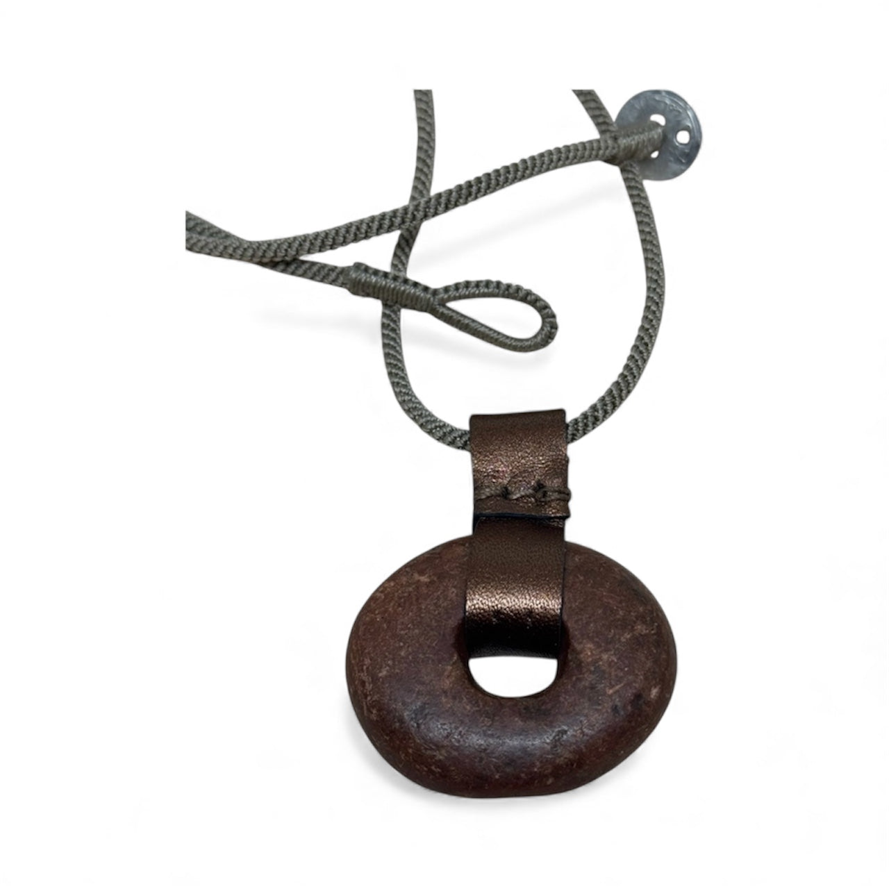 Stone spinning whorl hand stitched leather hand woven cord