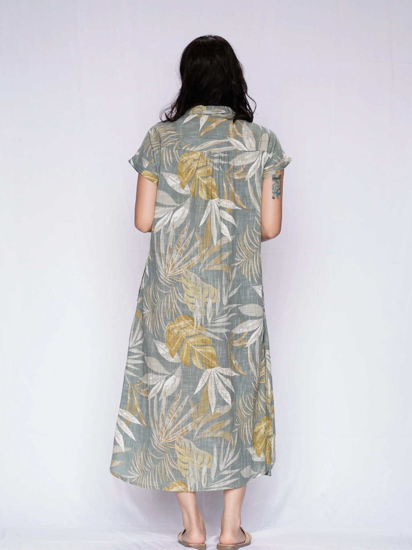 Dolma | Sage Green Leaf Print Dress