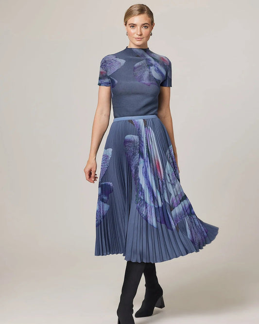 Wild Cosmos | Blue Grey Floral Pleated Skirt