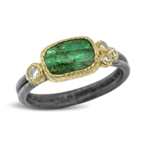 Delicate Double Band with free form emerald and 4 lab grown Diamonds -size 6.5 Rona Fisher