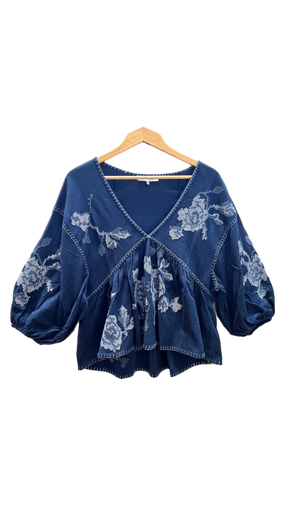 Embroidered Free Flowing Blue Blouse | Rose and Rose