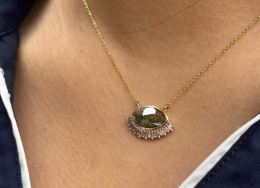 Salt and Pepper Marquise Diamond Necklace with baguette diamond lashes. 18kt gold