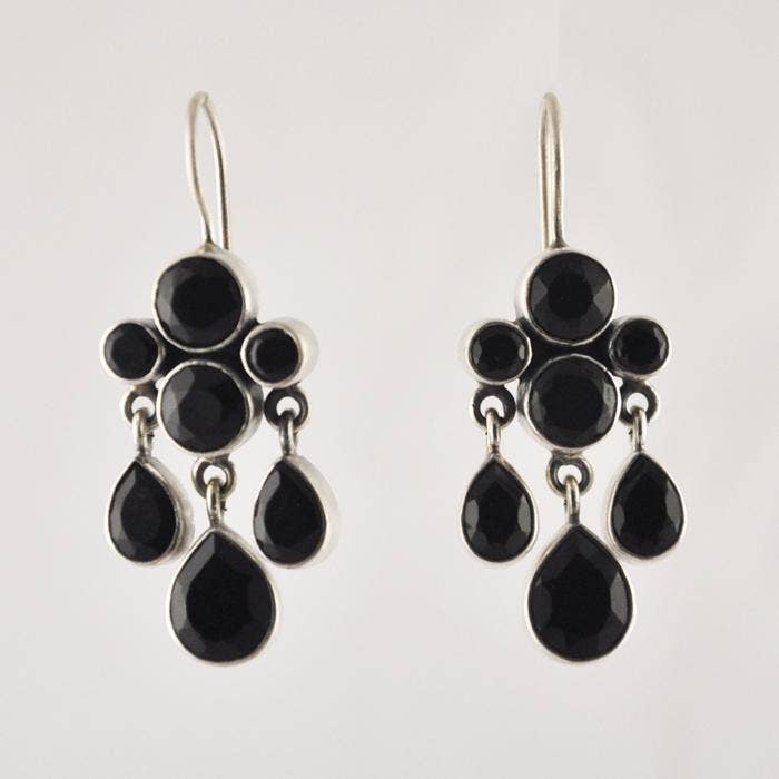 Faceted Stone Cluster and Teardrop Dangle Earrings: Sterling Silver / Smokey Quartz