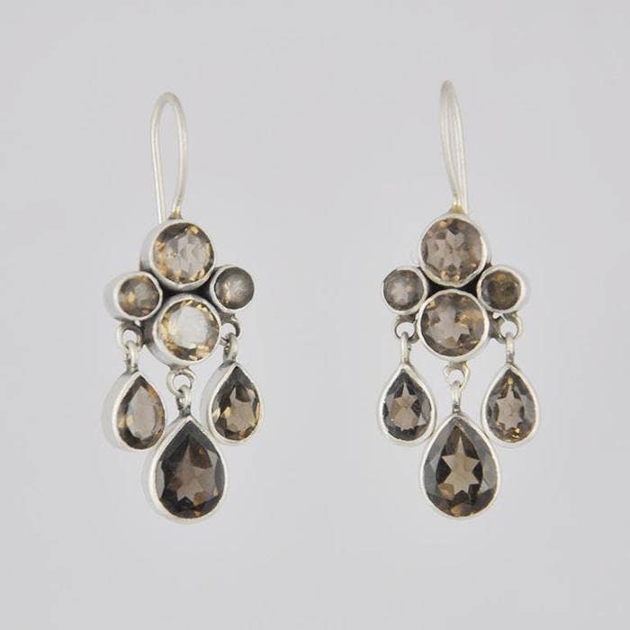 Faceted Stone Cluster and Teardrop Dangle Earrings: Sterling Silver / Smokey Quartz