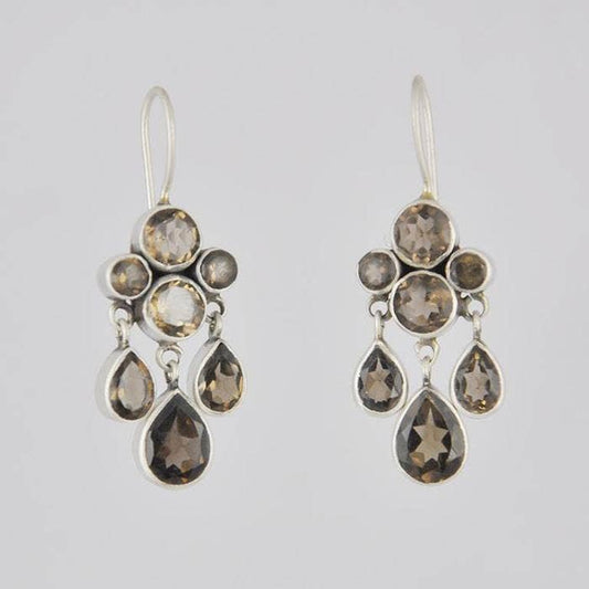 Faceted Stone Cluster and Teardrop Dangle Earrings: Sterling Silver / Smokey Quartz