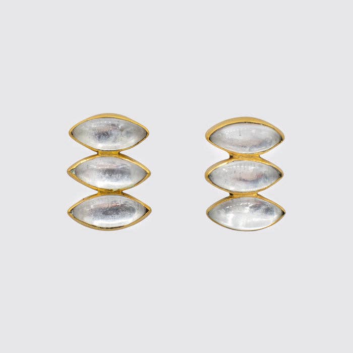 Triple Marquis Cabochon Stud Earrings - EJ2152: Gold Plate / Clear Quartz
