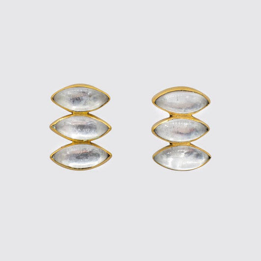 Triple Marquis Cabochon Stud Earrings - EJ2152: Gold Plate / Clear Quartz