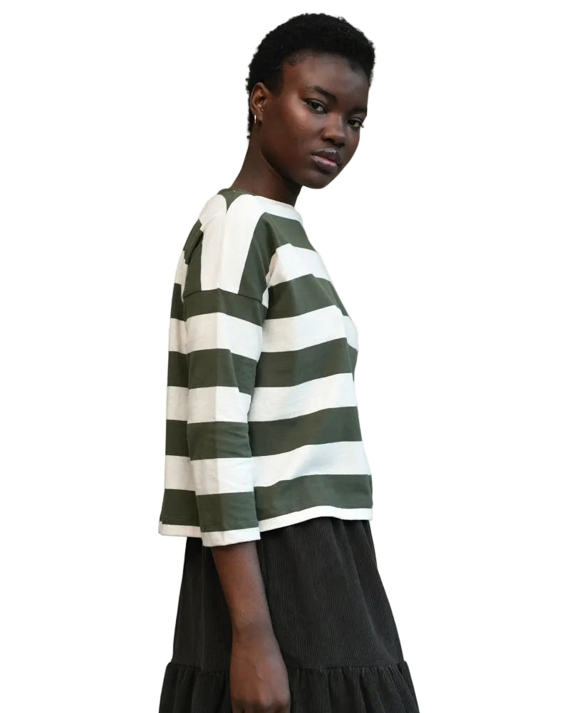 Beaumont Organic | Green and White Striped Boxy 3/4 Sleeve Tee