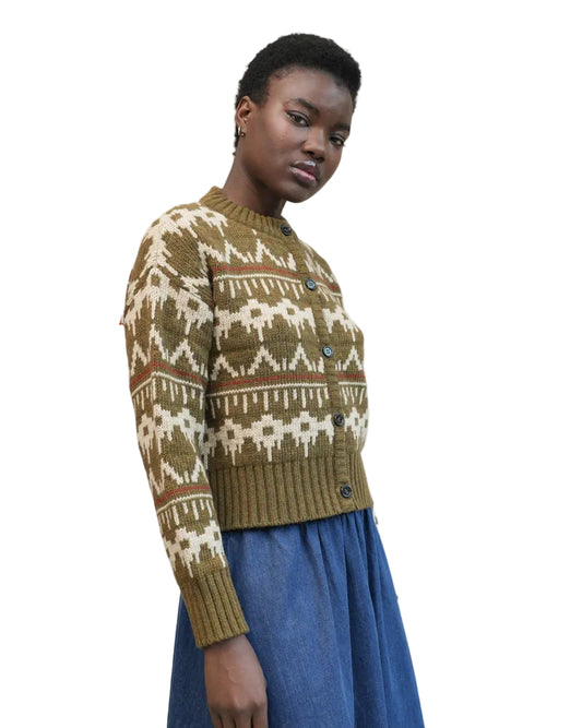 Beaumont Organic | Olive Green Fair Isle Heavy Knit Cardigan
