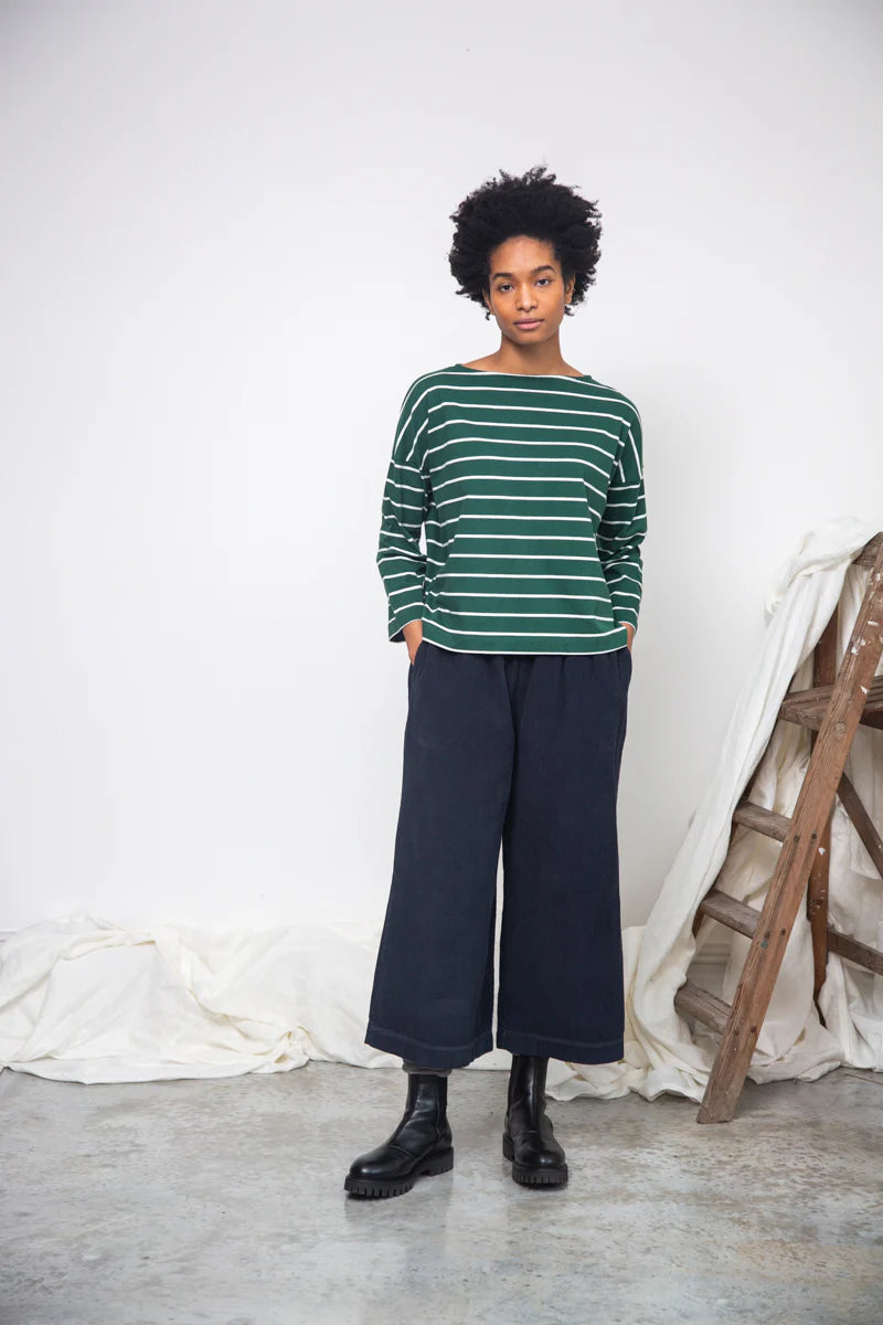 Leia-Sue Organic Cotton Stripe Jersey Top in Pine Green & Off White Stripe / Beaumont Organics