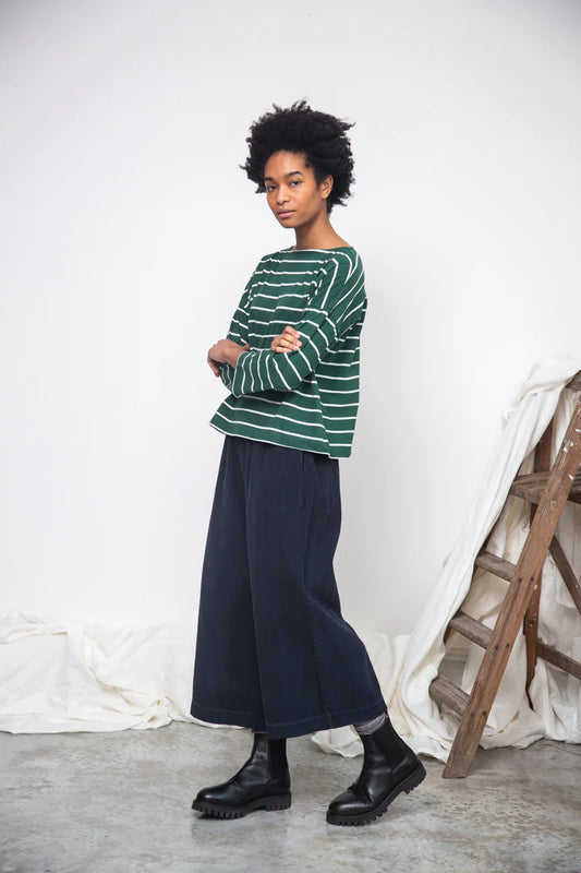 Leia-Sue Organic Cotton Stripe Jersey Top in Pine Green & Off White Stripe / Beaumont Organics