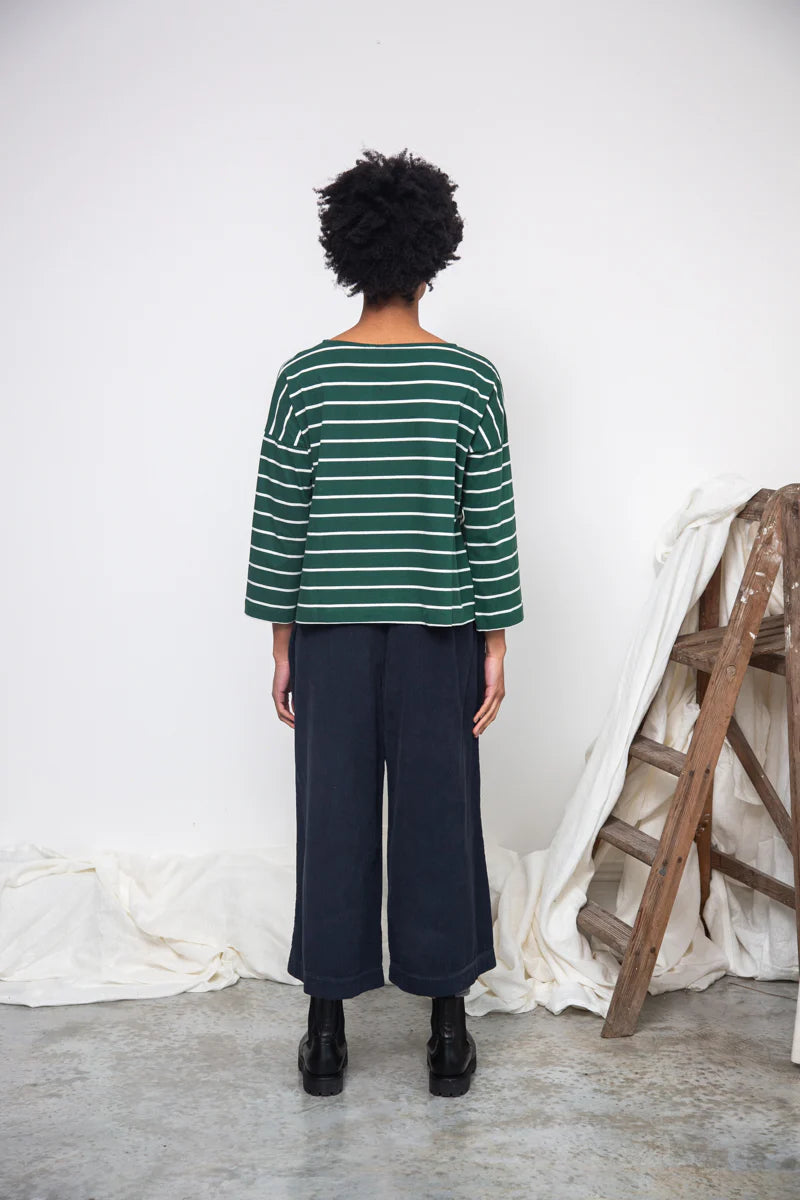 Leia-Sue Organic Cotton Stripe Jersey Top in Pine Green & Off White Stripe / Beaumont Organics