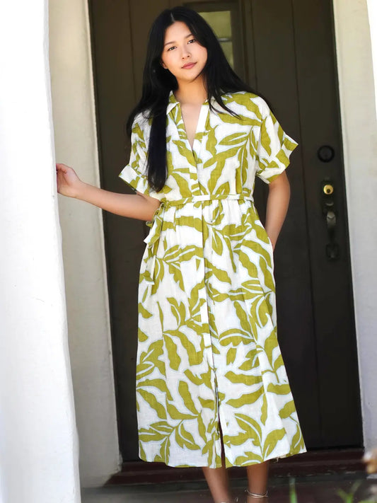 Dolma Green and White Button up Dress