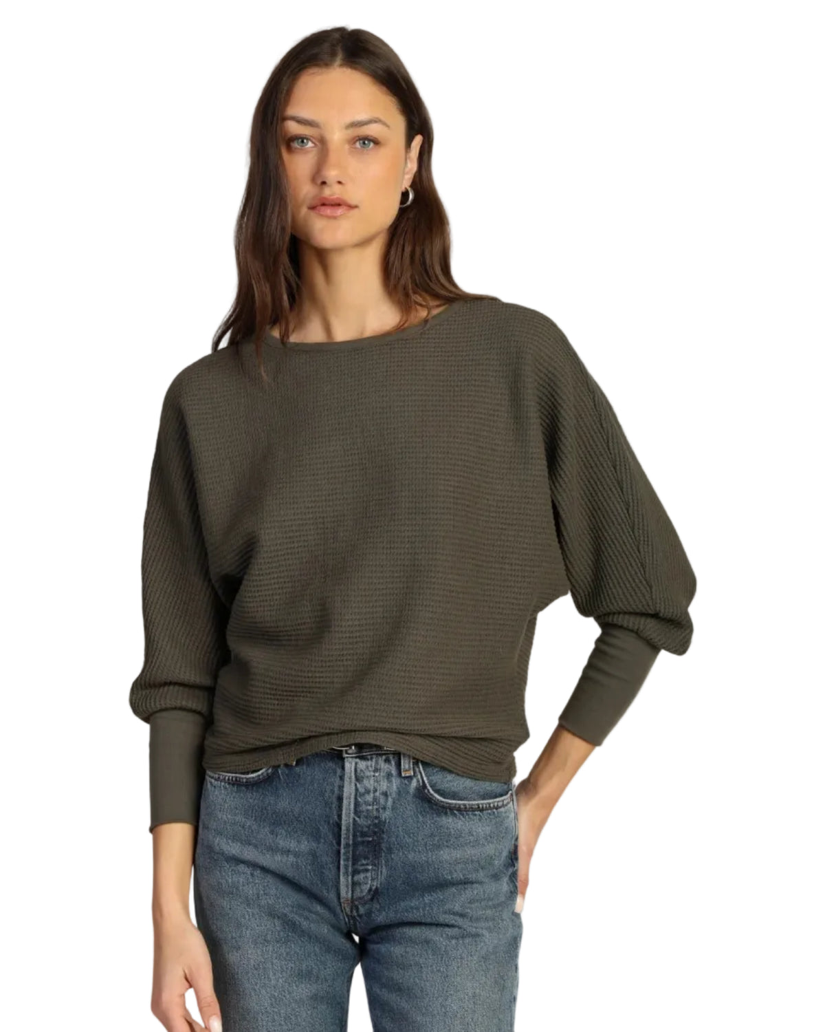 Dylan | Olive Green Slouchy Long Sleeve Waffle Top