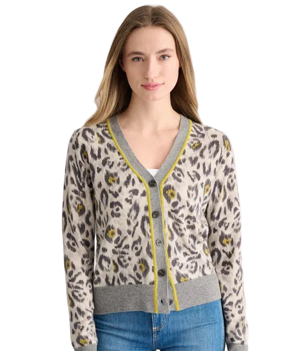 Kinross Cashmere | Grey and Citrine Cheetah Print Cardigan