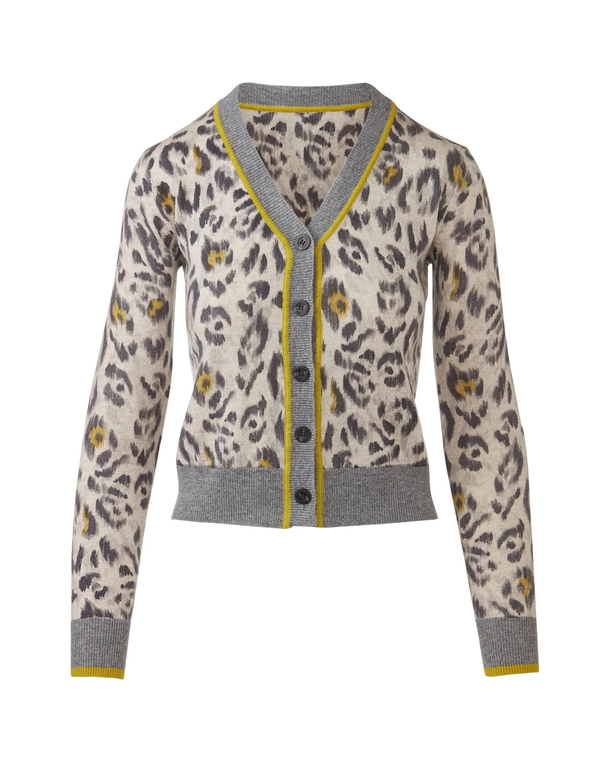 Kinross Cashmere | Grey and Citrine Cheetah Print Cardigan