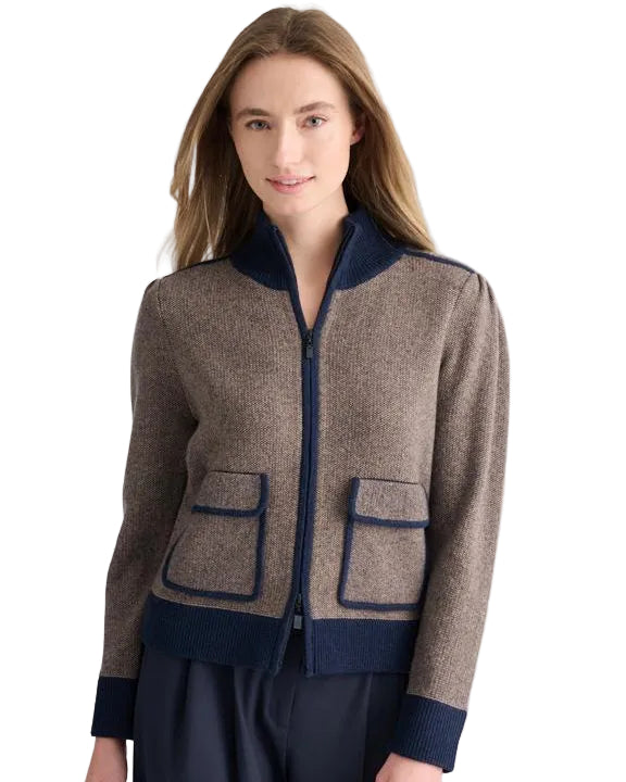 Kinross Cashmere | Navy and Tweed Zip Mock Neck Cardigan