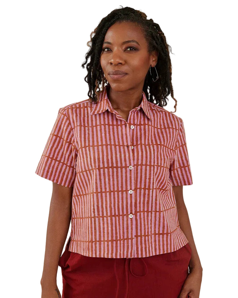Mata Traders | Burgundy and Pink Short Sleeve Button Down Top