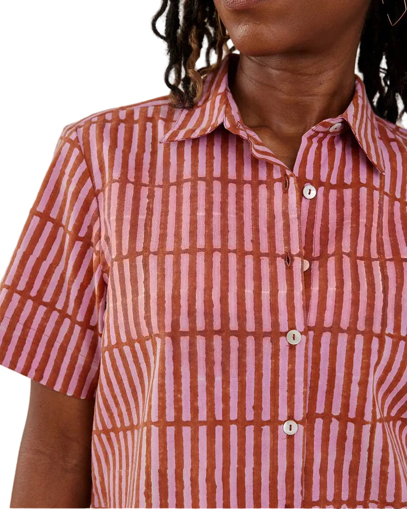 Mata Traders | Burgundy and Pink Short Sleeve Button Down Top