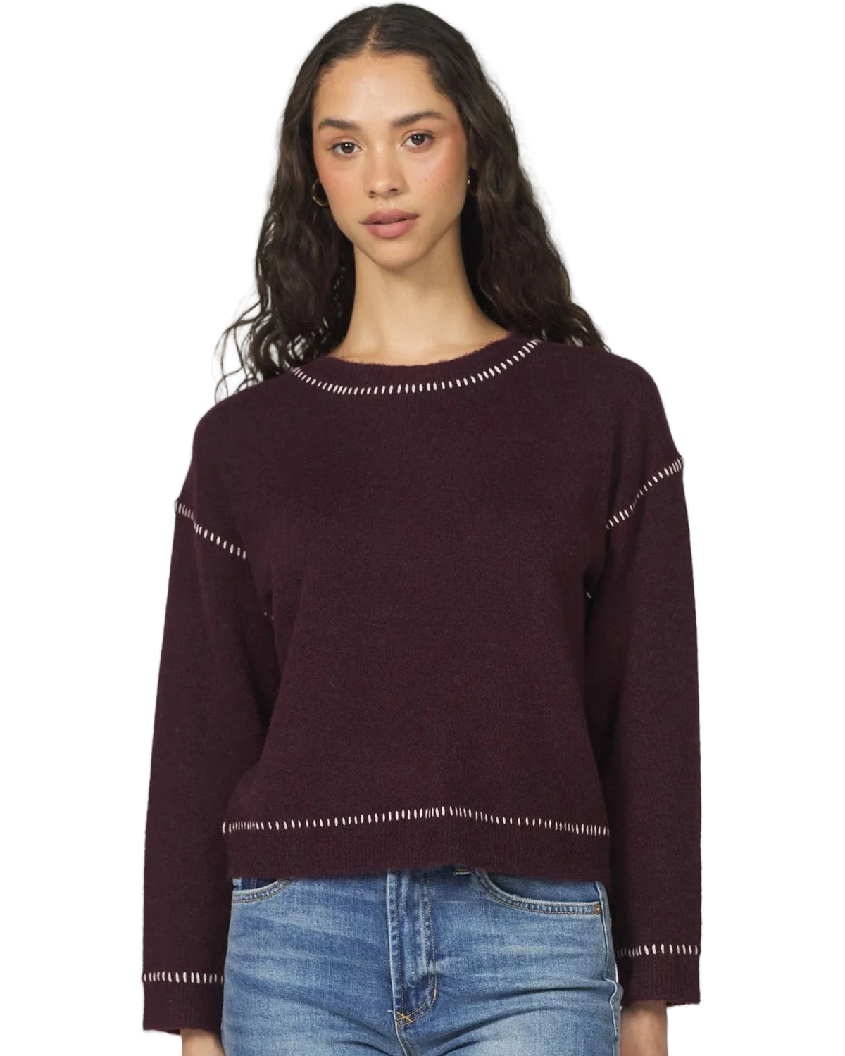 Another Love | Burgundy Pale Pink Stitch Detail Sweater