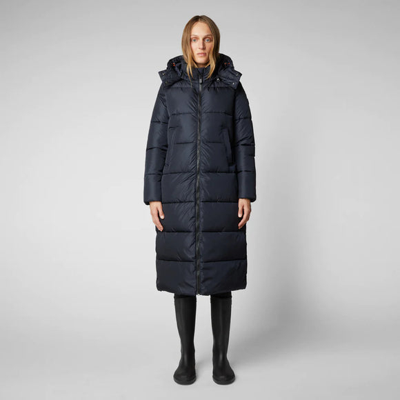 Colette Hooded Long Coat in Blue Black / Save the Duck