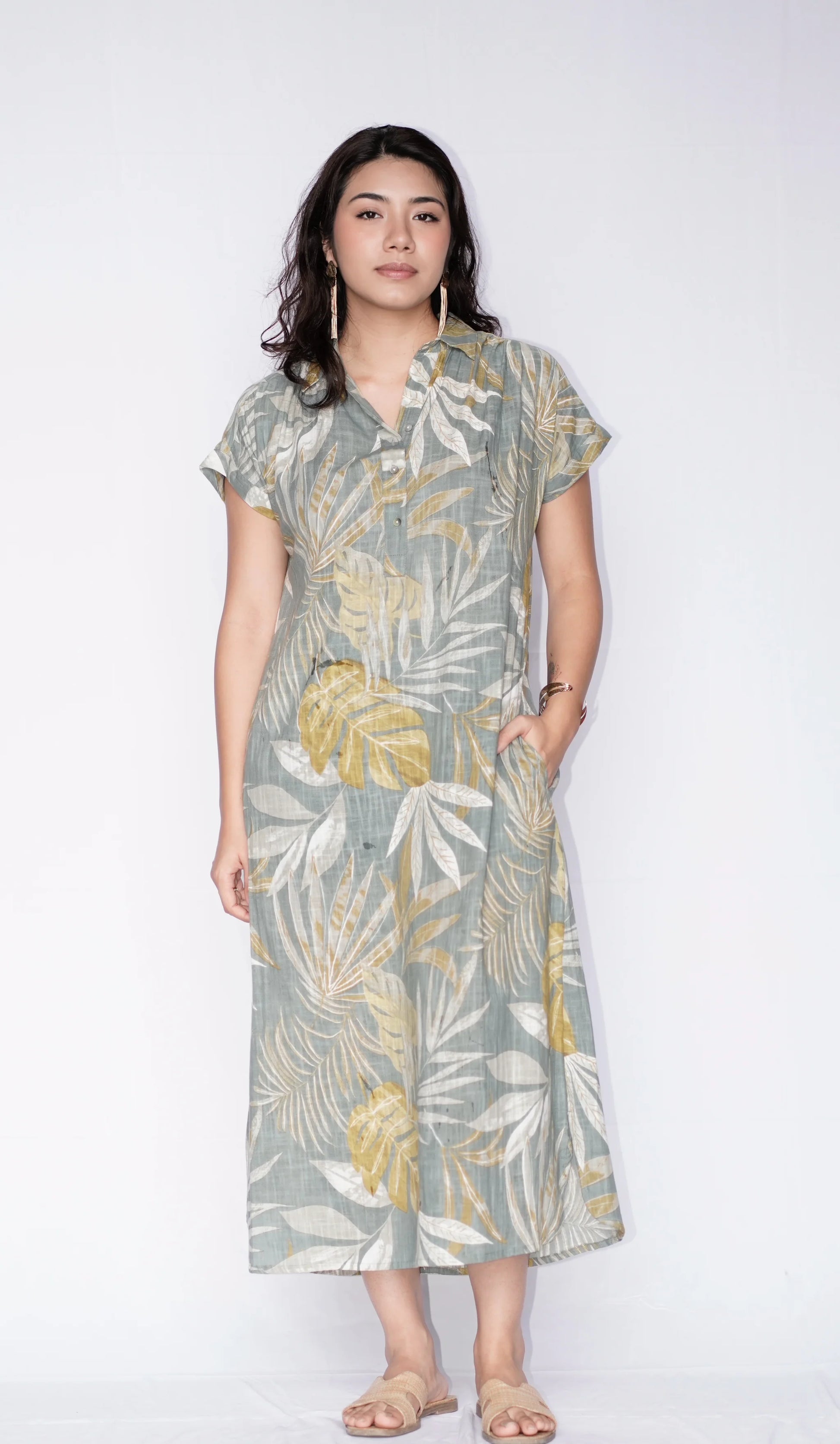 Dolma Sage Green Leaf Print Dress – NOMAD