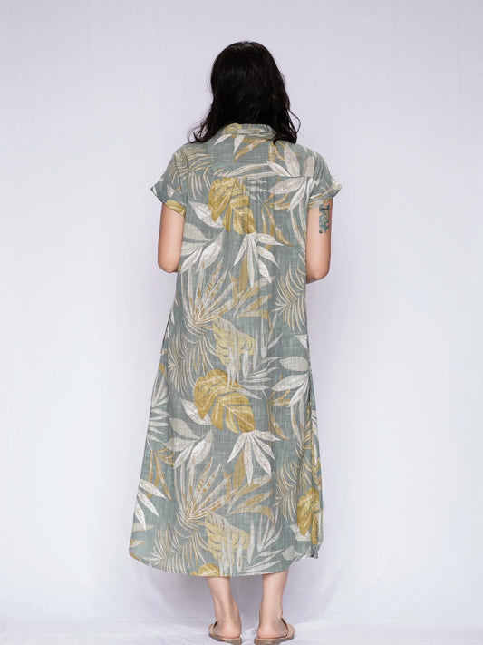 Dolma | Sage Green Leaf Print Dress
