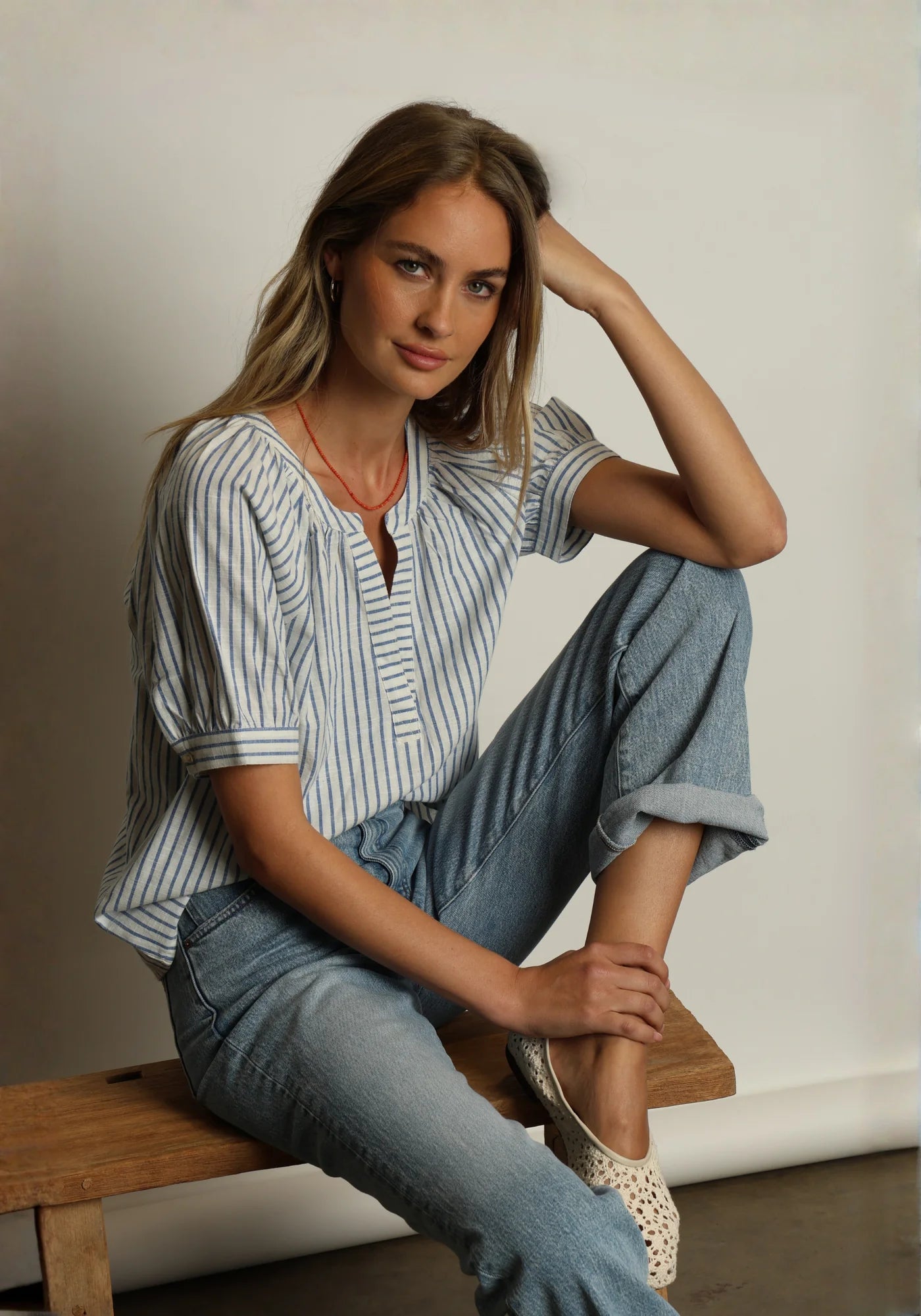 Dylan | Blue and White Striped Short Sleeve Blouse
