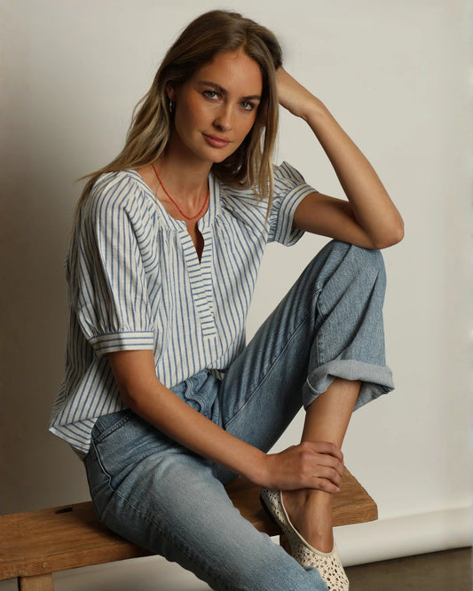 Dylan | Blue and White Striped Short Sleeve Blouse
