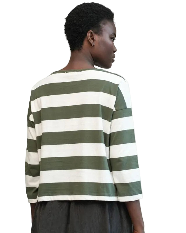Beaumont Organic | Green and White Striped Boxy 3/4 Sleeve Tee