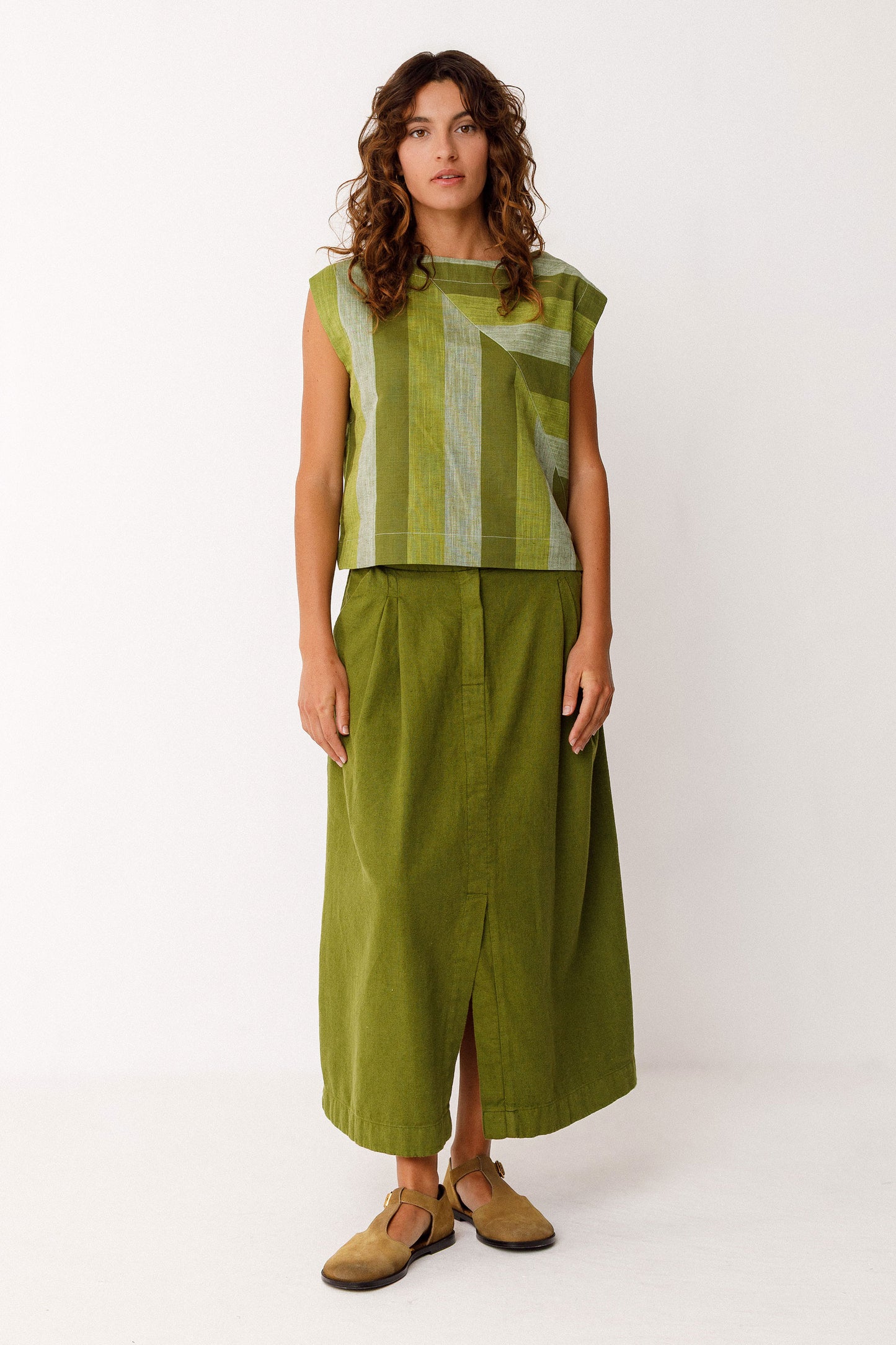 SKFK | Boxy Sleeveless Green Striped Top