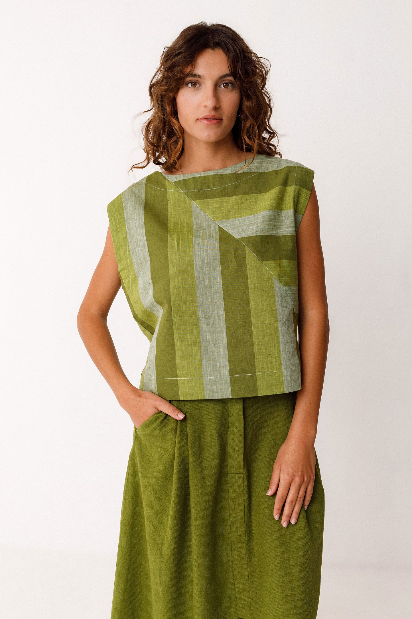 SKFK | Boxy Sleeveless Green Striped Top
