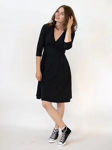 Callie 3/4 sleeve Wrap Dress in Black by Mata Traders