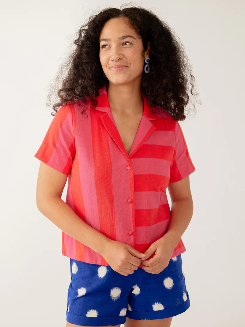 Mata Traders | Red and Pink Striped Short Sleeve Button Down