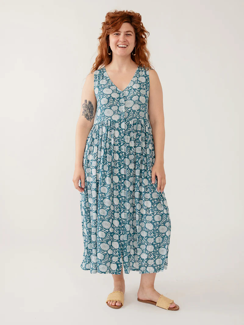 Mata Traders | Dark Teal and White Floral Sleeveless Dress