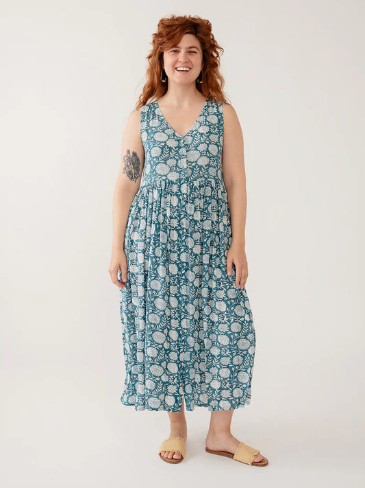 Mata Traders | Dark Teal and White Floral Sleeveless Dress