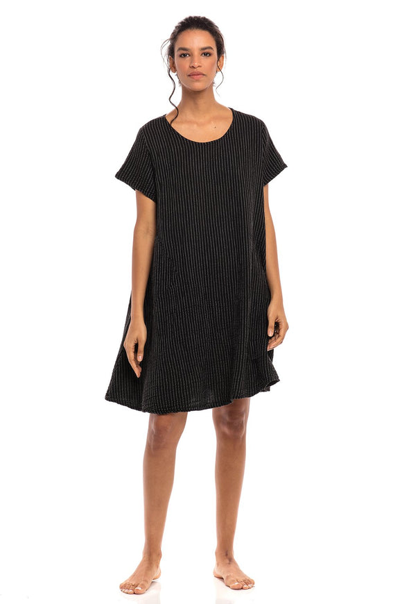 Thai Crinkle Cotton Cap Sleeve Dress w/ Stripe