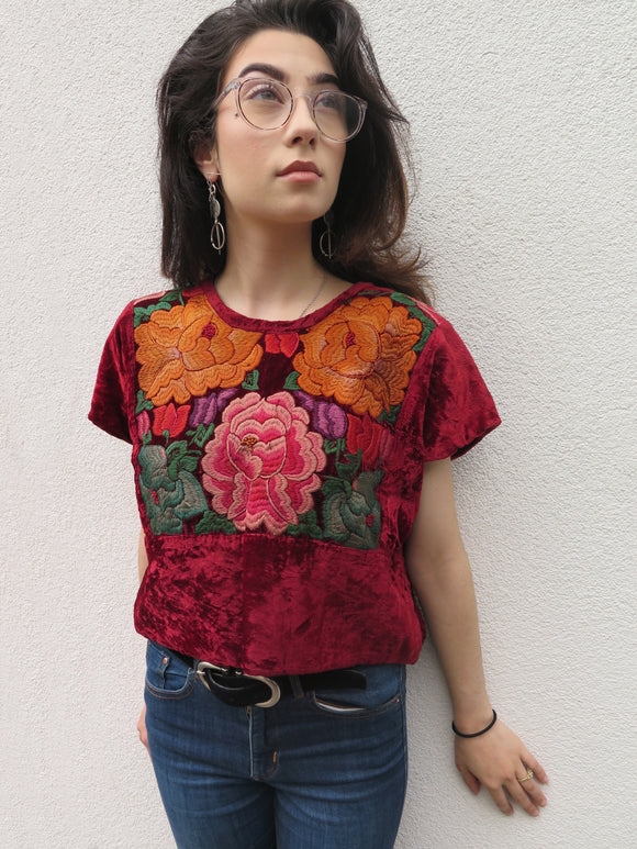 Vintage Velvet Embroidered Tehuantepec Huipil Blusa